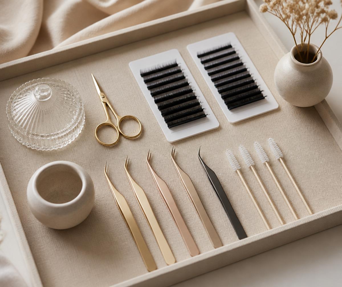 Lash extension tweezers and tools on a linen tray
