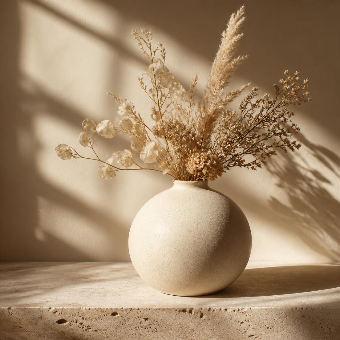 Dried flowers in a cream vase, lash studio decor in Bang Tao